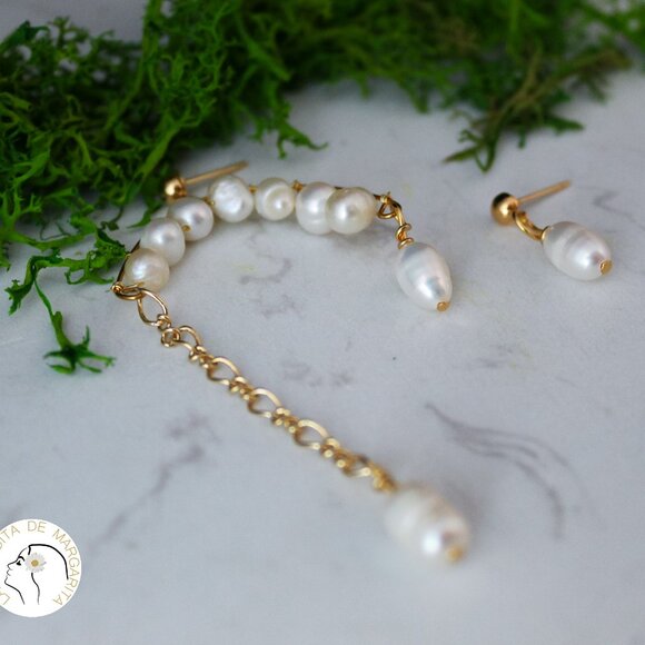 Handmade gold filled pearls earrings asymmetrical long - Picture 5 of 5